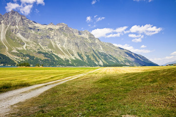 Fototapeta na wymiar Walking around Sils lake in the upper Engadine Valley (Switzerland)