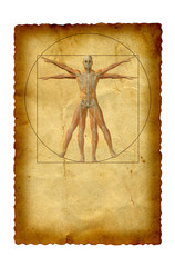 Conceptual vitruvian human body drawing on old paper background