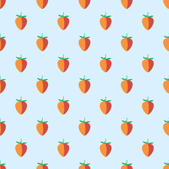 Seamless fruits vector pattern, pastel symmetrical background with strawberries, on the light blue backdrop