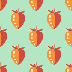 Seamless fruits vector pattern, pastel symmetrical background with closeup strawberries, on the green backdrop