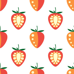Seamless fruits vector pattern, bright symmetrical background with closeup strawberries, on the white backdrop