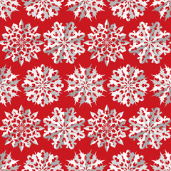 Seamless christmas origami snowflake pattern. Paper cut out three-dimensional signs with shadow. White icons on red background. Winter, New Year texture. Vector