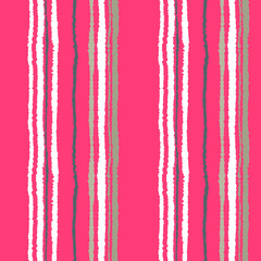 Seamless strip pattern. Vertical lines with torn paper effect. Shred edge background. Cold soft magenta, gray, white colors. Winter theme. Vector