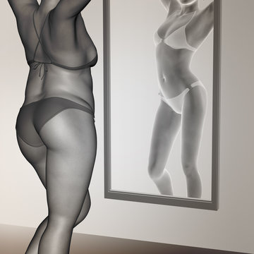 Conceptual 3D woman as fat vs fit underweight anorexic
