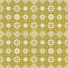 Seamless pattern of heart view snowflakes. Winter, Christmas, Valentine day, birthday texture. Stylized unusual white ornament on gold, yellow background. Vector