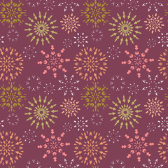 Obraz na płótnie Canvas Christmas seamless pattern. Light color snowflake signs on dark red, vinous background. Winter theme retro texture. Vector illustration