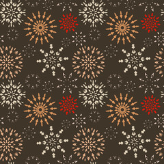 Christmas seamless pattern. Light snowflake signs on brown, chocolate background. Winter theme retro texture. Chocolate snow. Vector illustration