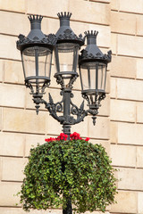 Obraz premium Bac à fleurs sous lampadaire, Barcelone, Catalogne, Espagne