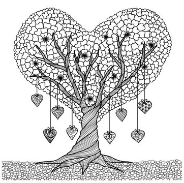 Hand Drawn Love Tree For Coloring Book For Adult And Other Decorations For Valentine's Day