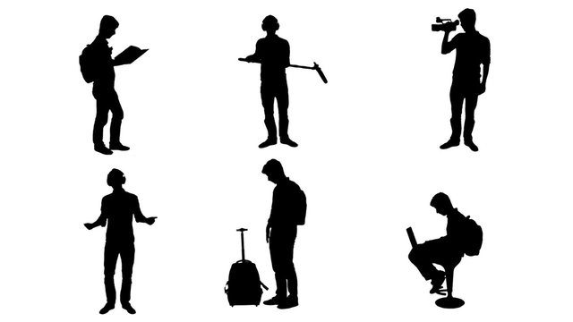 Silhouettes business students differents - full HD. student, cameramen, traveler, business man, dancer and sound engineer silhouettes - 1080p
