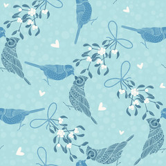 Seamless pattern with birds and mistletoe. Hand-drawn vector background.