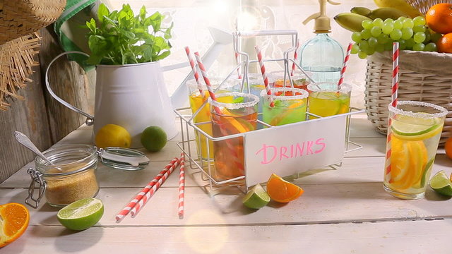 Refreshing lemonade with fresh fruits in summer