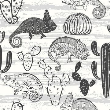 Seamless monochrome pattern with cactus and chameleons. 