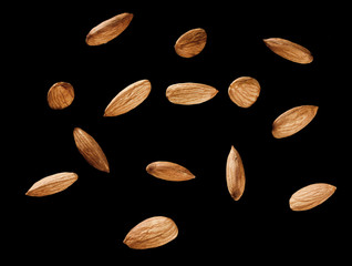perfect fourteen almonds on black background with path
