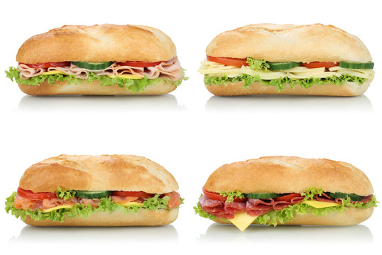 Collage belegte Sandwiches Baguettes mit Salami, Schinken und K