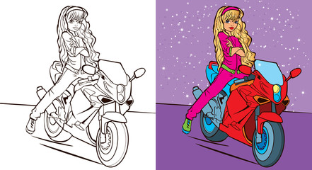 Fototapeta na wymiar Colouring Book Of Girl Ride Bike