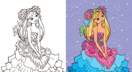 Obraz na płótnie Canvas Colouring Book Of Girl In Flower Dress