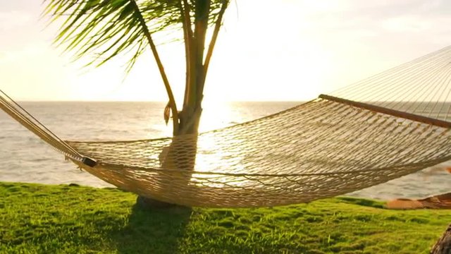 Hammock and Palm Trees at Sunset SLOW MOTION. Luxury Vacation Relaxation Lifestyle. Hammock Swinging on the Wind Between Two Palm Trees. Backyard Oceanfront Real Estate. Maui, Hawaii. 