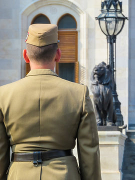 Hungarian guard standing on a check-post against the Hungarian Parliament building