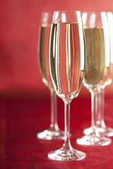 Glasses of champagne on red background