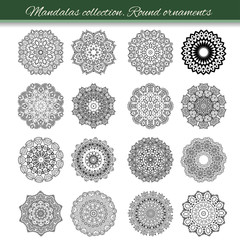 Set of abstract design element. Round mandalas in vector. Graphic template for your design. Decorative retro ornament. Hand drawn background with flowers.