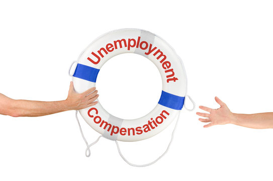 An arm is reaching out for Unemployment Compensation printed on a life buoy ring representing the need for financial help when unemployed.