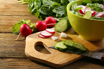 Fresh vegetable salad on table close up