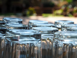 Upside down glass arranged for party closeup