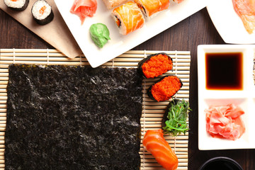 The process of making sushi and rolls, top view