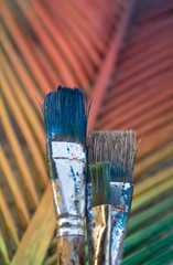brushes after painting with rainbow background