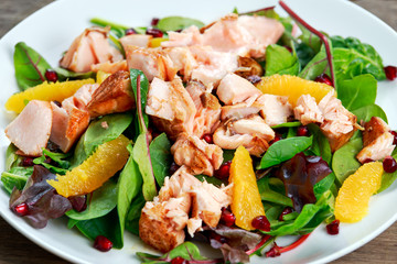 Fresh Salmon Salad with vegetables, pomegranate and orange.