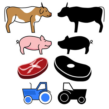 Set of Farm icons. Pig, cow, steak, tractor