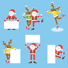 Santa Claus and Christmas reindeer. Funny cartoon character. Vector illustration. Isolated on white background. Set