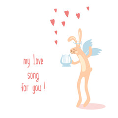 Banner for design posters or invitations on Valentine's Day with cutest rabbit and hand drawn text. Vector illustration.