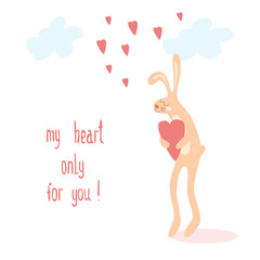 Banner for design posters or invitations on Valentine's Day with cutest rabbit and hand drawn text. Vector illustration.