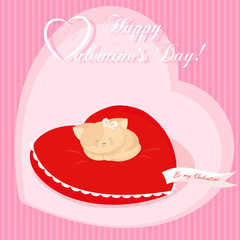 Banner for design poster or card Valentine's Day with small cute kitten lying on a pillow in the shape of heart