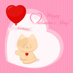 Banner for design poster or card Valentine's Day with small cute kitten and balloon in the shape of heart