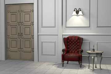 Antique style interior with a luxury red wingback chair. 3d illustration.