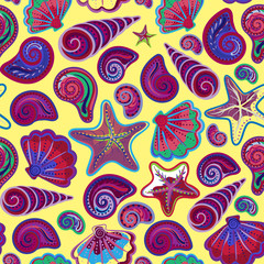 Fototapeta premium Graphic pattern with seashells, sea stars. Hand drawing. Seamless for fabric design, gift wrapping paper, printing.