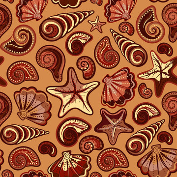 Seamless pattern with sea shells and starfish in colorful, white. Repeating print background texture. Cloth. Wallpaper, wrapping