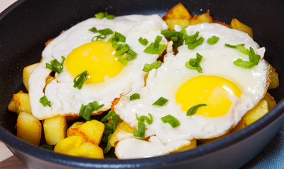 fried eggs with potato on pan