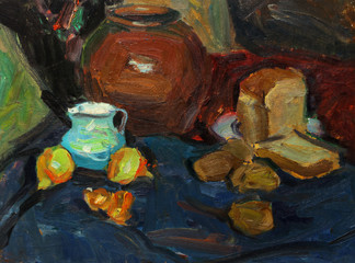 Beautiful Original old Oil Painting of  still life pitcher, onions, cloth On Canvas in the style of Impressionism