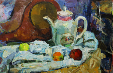 Beautiful Original old Oil Painting of  still life  mantel clocks, apples, fabric On Canvas in the style of Impressionism