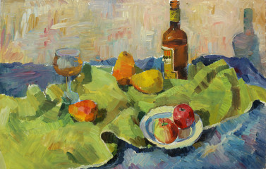 Beautiful Original Oil Painting of  still life  glass; bottle; tray; pear; apple; fabric; shade On Canvas in the style of Impressionism