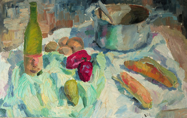 Beautiful Original Oil Painting of  still life pepper, corn casserole, cloth  On Canvas in the style of impressionism in pastel colors