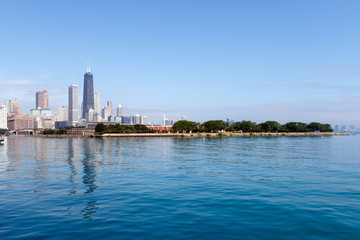 Naklejka premium Color DSLR wide angle image of City of Chicago skyline, looking north from Navy Pier