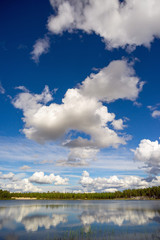 Fototapeta na wymiar White clouds over forest lake summer.