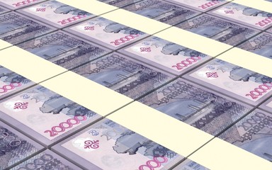 Kazakhstan tenge bills stacks background. Computer generated 3D photo rendering.