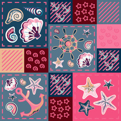 Nautical marine patchwork seamless pattern with shells, starfish, anchor and wheel. Sea life