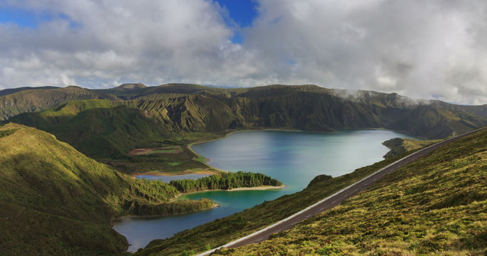 Lagoa do Fogo and green valley on San Miguel island of Azores, timelapse
